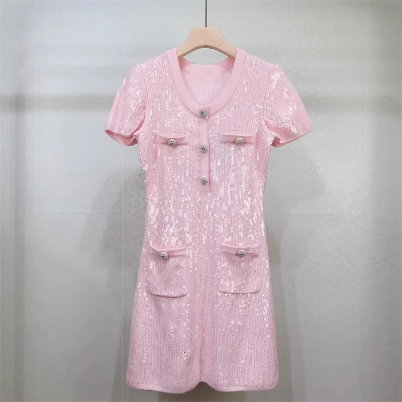 y2k summer womens round neckSequined knitted short-sleeved dress high-quality fashionCommuter style stretch slim mini skirt 240530