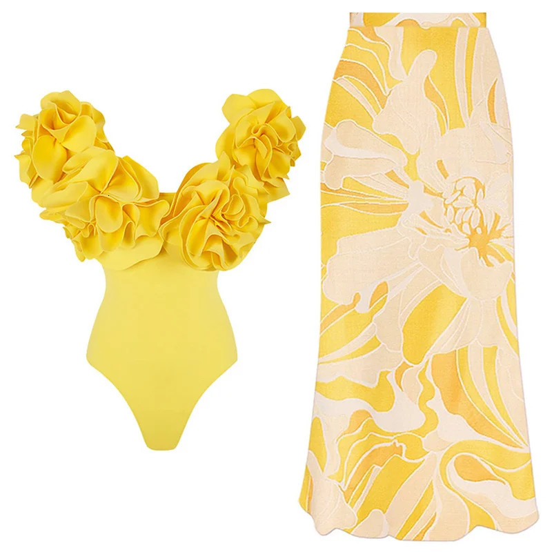 Solid Yellow 2023 Women Sexy 3D Flower Swimsuit Swimwear Off Shoulder Beachwear Summer Monokini Surf Wear Bathing Suit 240521