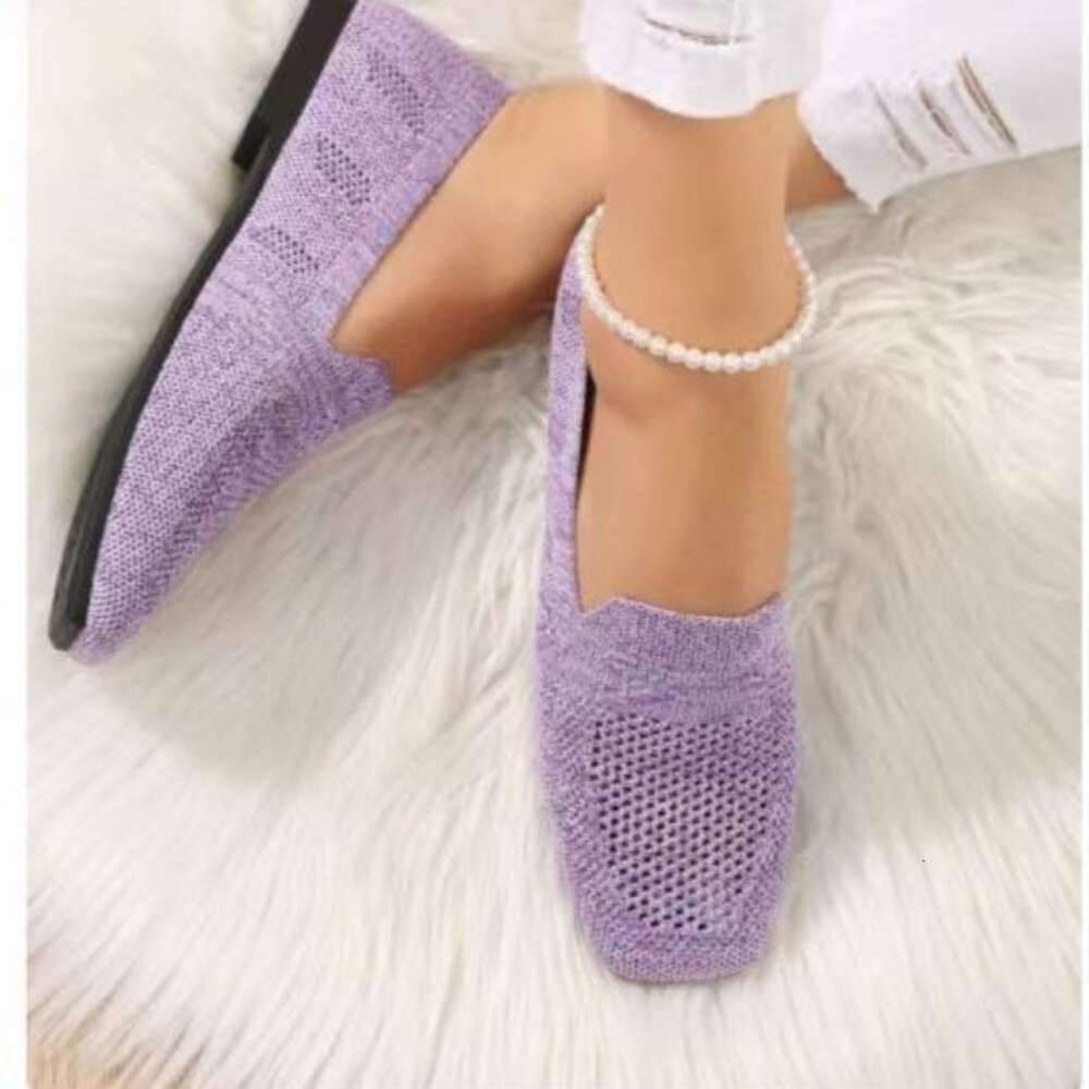 Mesh Knitted Striped Flats for Women Autumn New Light Slip on Flat Casual Shoes Ladies Square Toe Breathable Sneakers