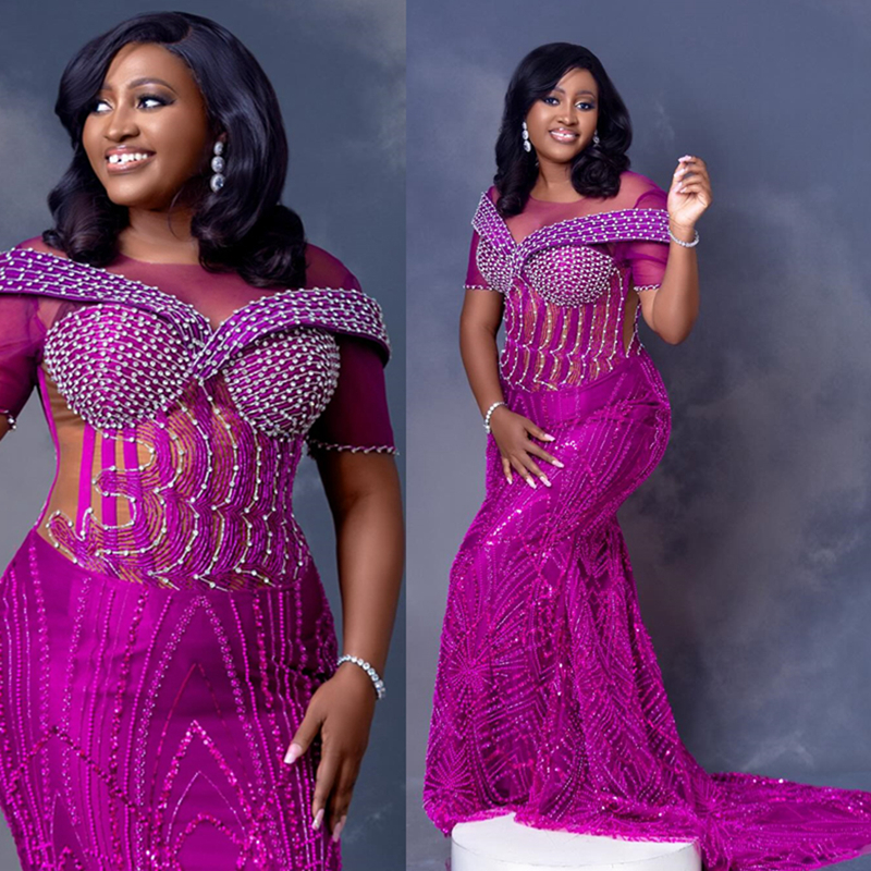 2024 Fuchsia Aso Ebi Prom Dress Plus Size Promdress Illusion Sheer Neck Short Sleeves Beaded Lace Birthday Dress Second Reception Gown for African Bla