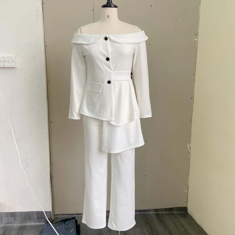 Spring Autumn Winter Pants Suits White Yellow Chic Off Shoulder Blazer Pant Work Women Set Fashion Blazers Suit Streetwear 240529