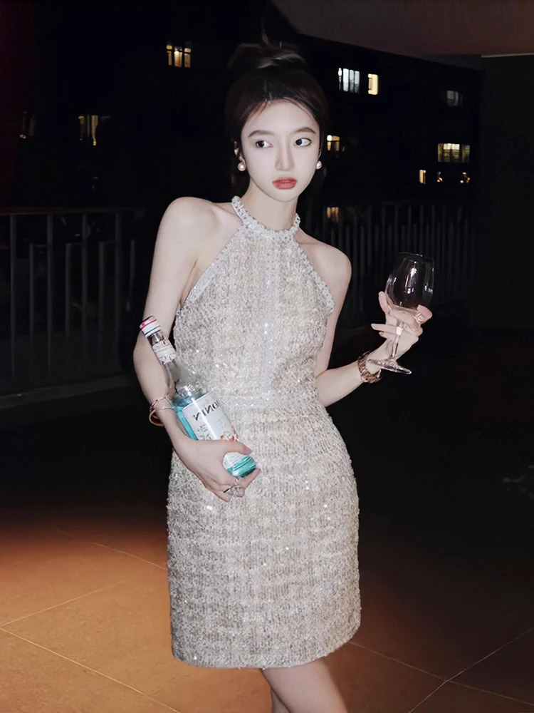 Small Fragrant Ladies Sleeveless Tweed Sexy Night Club Dress Womens Summer Halter Pearl Beading Mini Elegant Party Dresses 240529