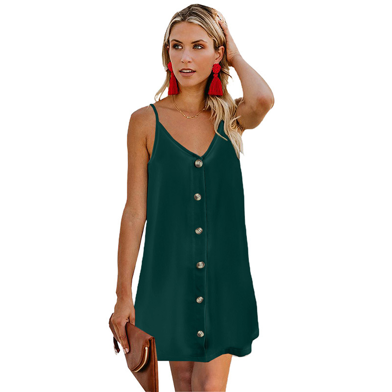Women Summer Dresses 2024 Strappy Button V Neck Sleeveless Beach Sundress Casual Swing A Line Short Mini Dress