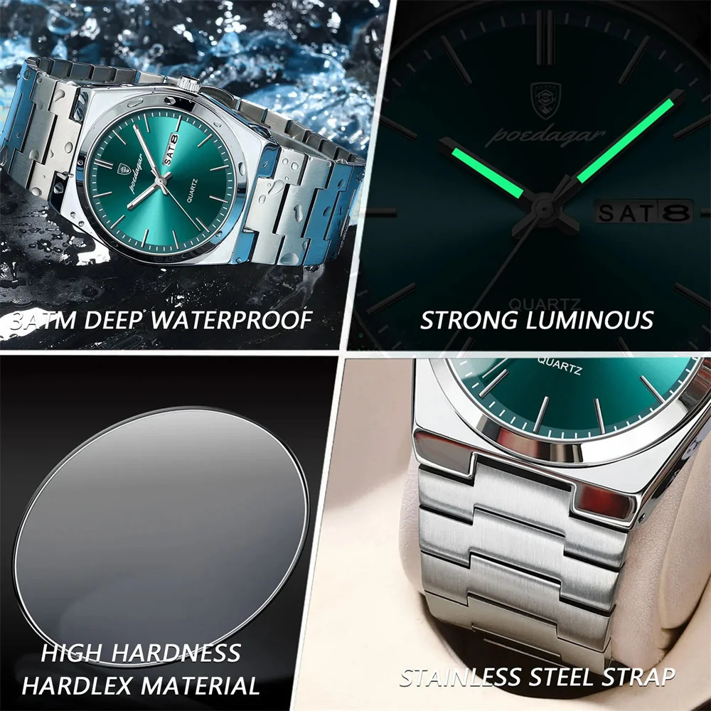 POEDAGAR Quartz Man Wristwatch Sport Men Watches Waterproof Luminous Date Week Stainless Steel Mens Watch Male Reloj 240520 - view 3