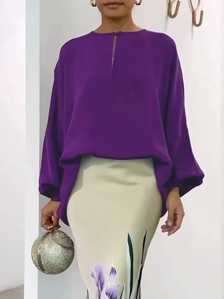 Missuoo Purple Polyester Shirt Top for Women Round Neck Long Puff Sleeves Loose Fit Blouse Female Spring Summer Elegant Tshirt 240527