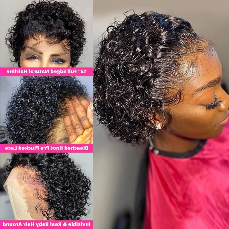 Pixie Cut Short Curly Human Hair Wigs 13X3 Bob Water Wave Transparent Lace Wig For Women Pre Plucked Bhdtl