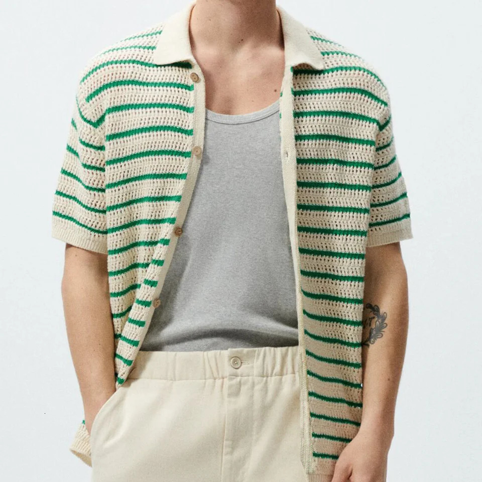 Mens Crochet Knit Polo Shirt Summer Knitted Sweater Striped Woolen Casual POLO Shirt Lapel Button Tshirt 240601