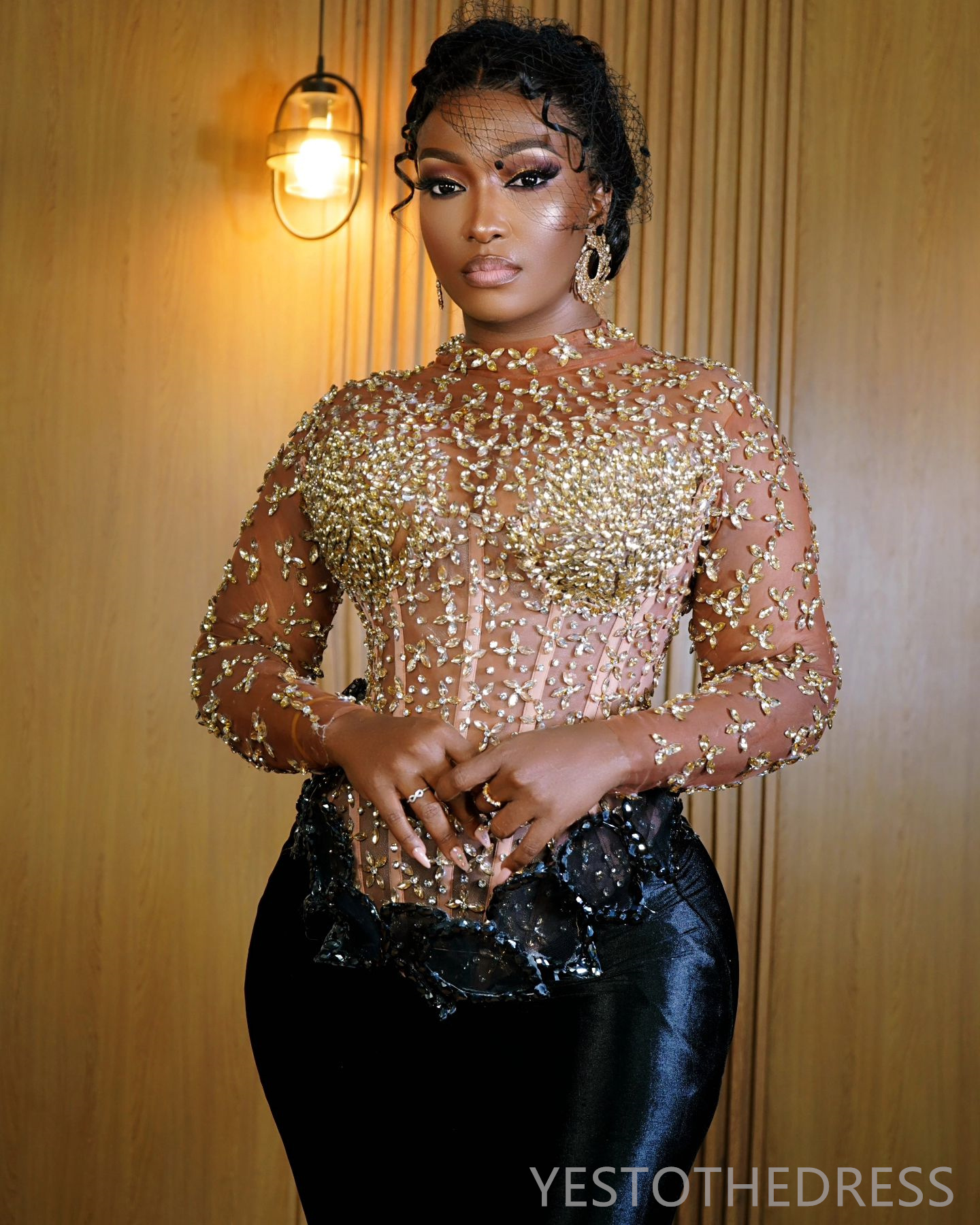 2024 Plus Size Aso Ebi Prom Dresses Gold Promdress Illusion High Neck Long Sleeves Rhinestones Decorated Crystals Beaded Mermaid Birthday Dress Recept