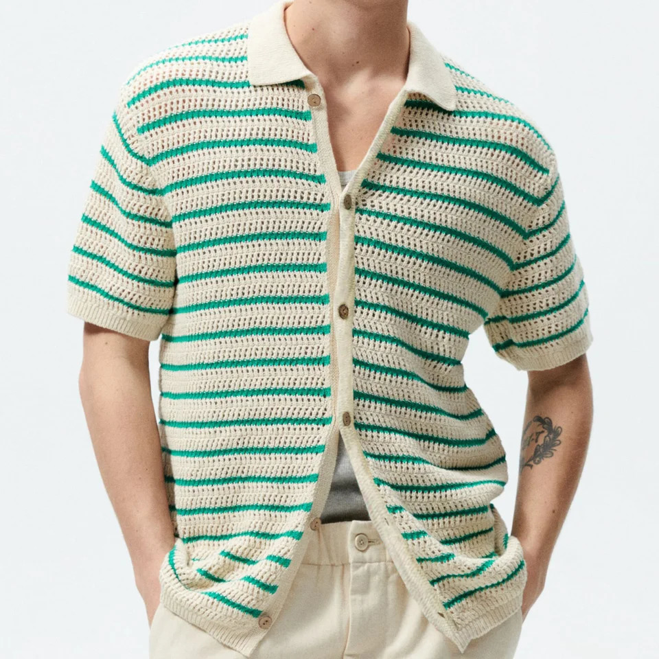 Mens Crochet Knit Polo Shirt Summer Knitted Sweater Striped Woolen Casual POLO Shirt Lapel Button Tshirt 240601
