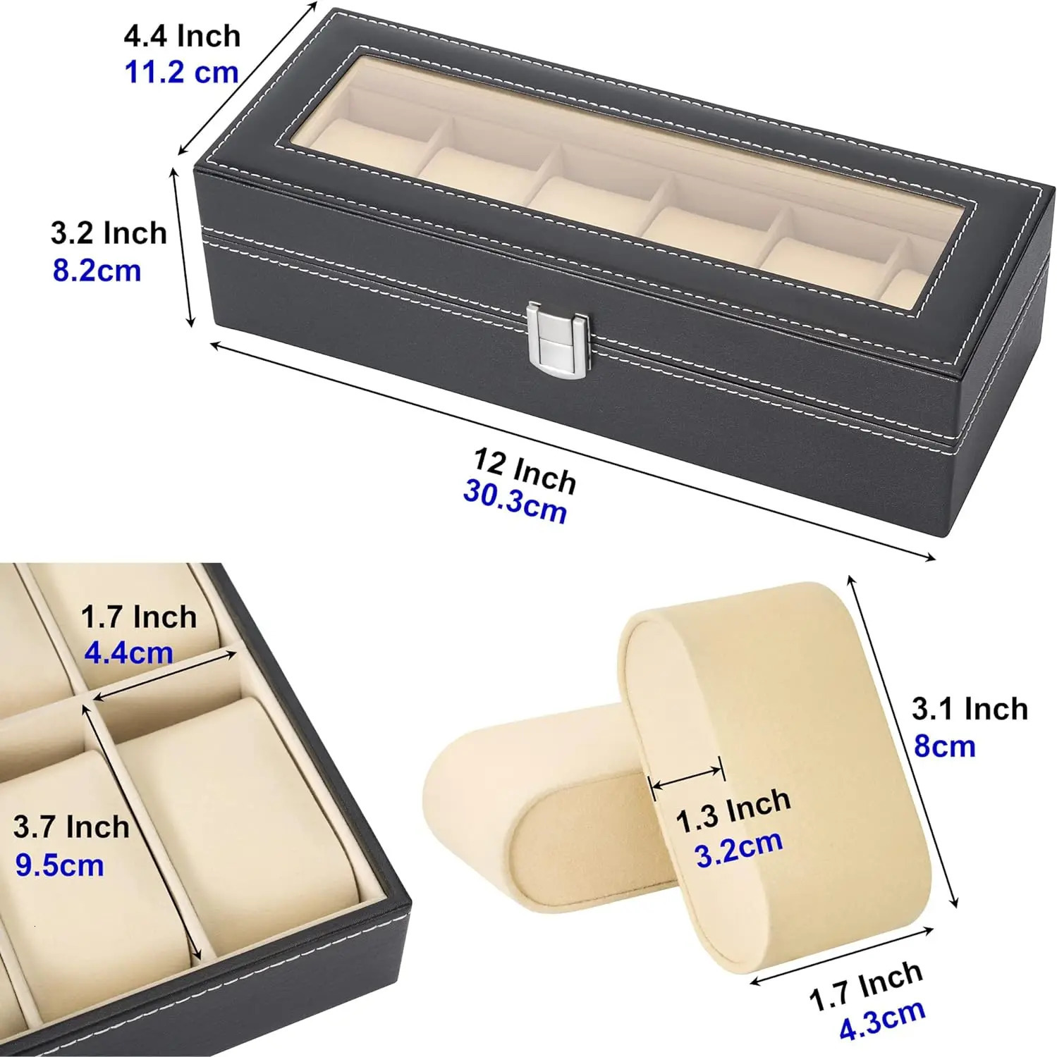 6 Slot PU Leather Watch Box Display Case Jewelry Organizer with Glass Top 240531