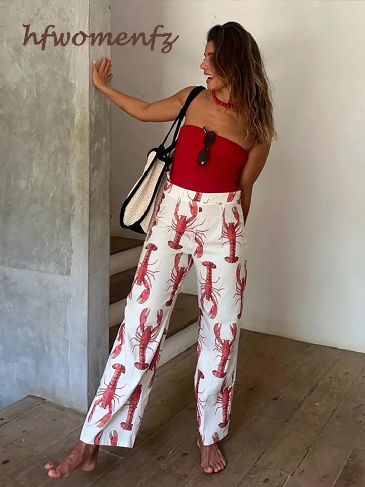 Print Pants 2 Pieces Sets For Women Lobster Short Sleeve Slim Top Shirt Wide Leg Trousers Suit 2024 Summer Lady Matching Set 240529