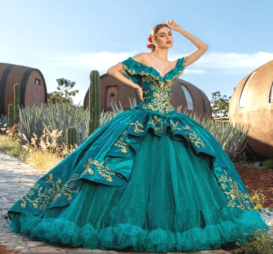 Teal Mexican Quinceanera Dresses Ball Gown Off The Shoulder Tulle Appliques Puffy Charro Sweet 16 Dresses 15 Anos