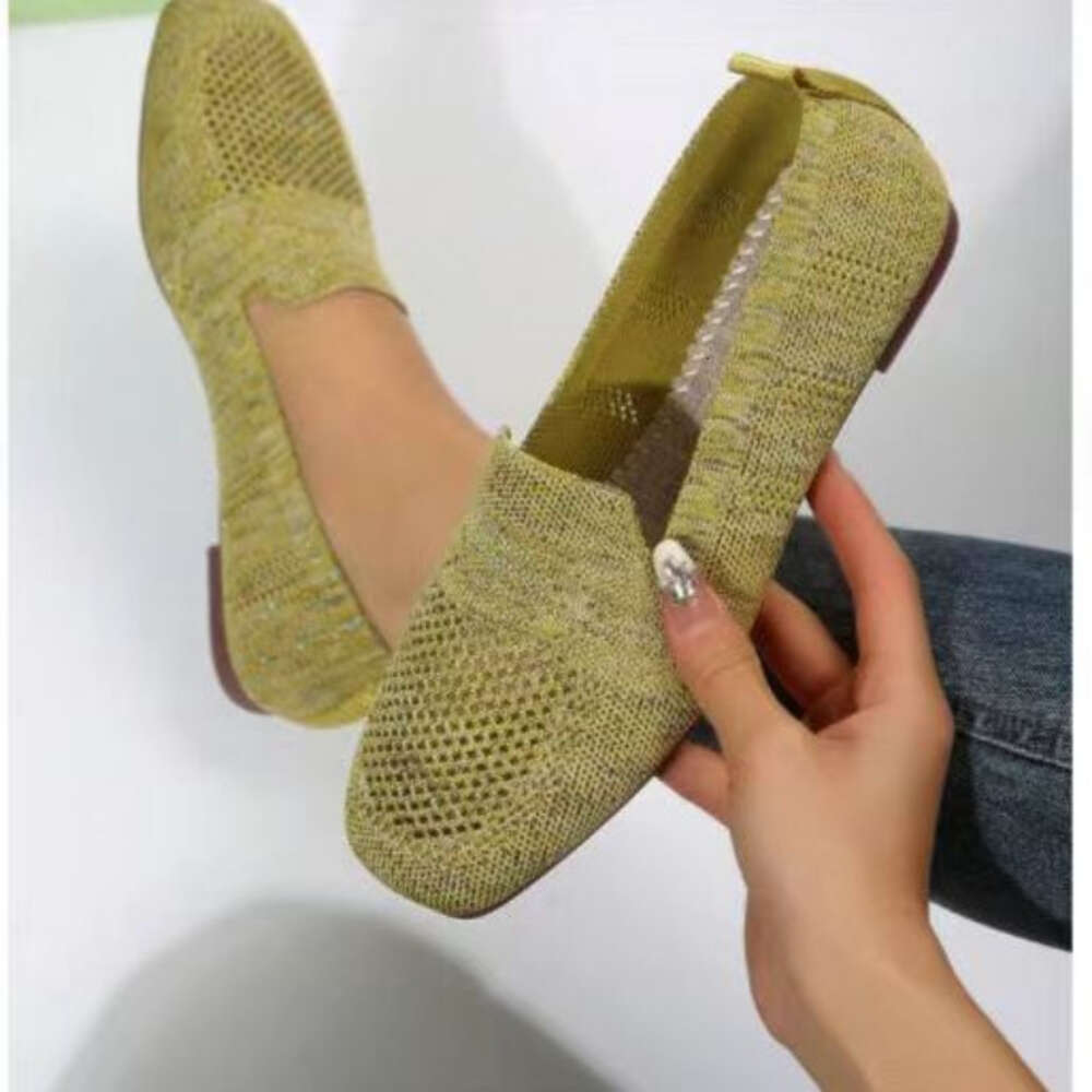 Mesh Knitted Striped Flats for Women Autumn New Light Slip on Flat Casual Shoes Ladies Square Toe Breathable Sneakers