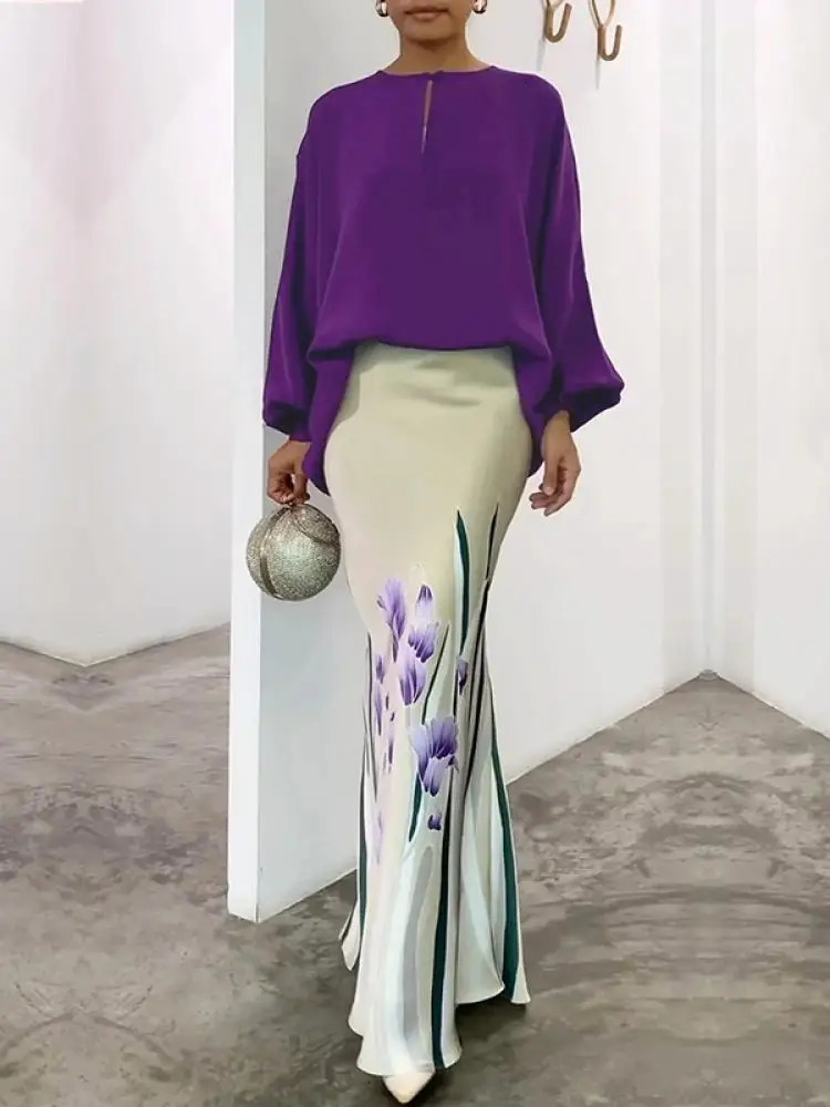 Missuoo Purple Polyester Shirt Top for Women Round Neck Long Puff Sleeves Loose Fit Blouse Female Spring Summer Elegant Tshirt 240527