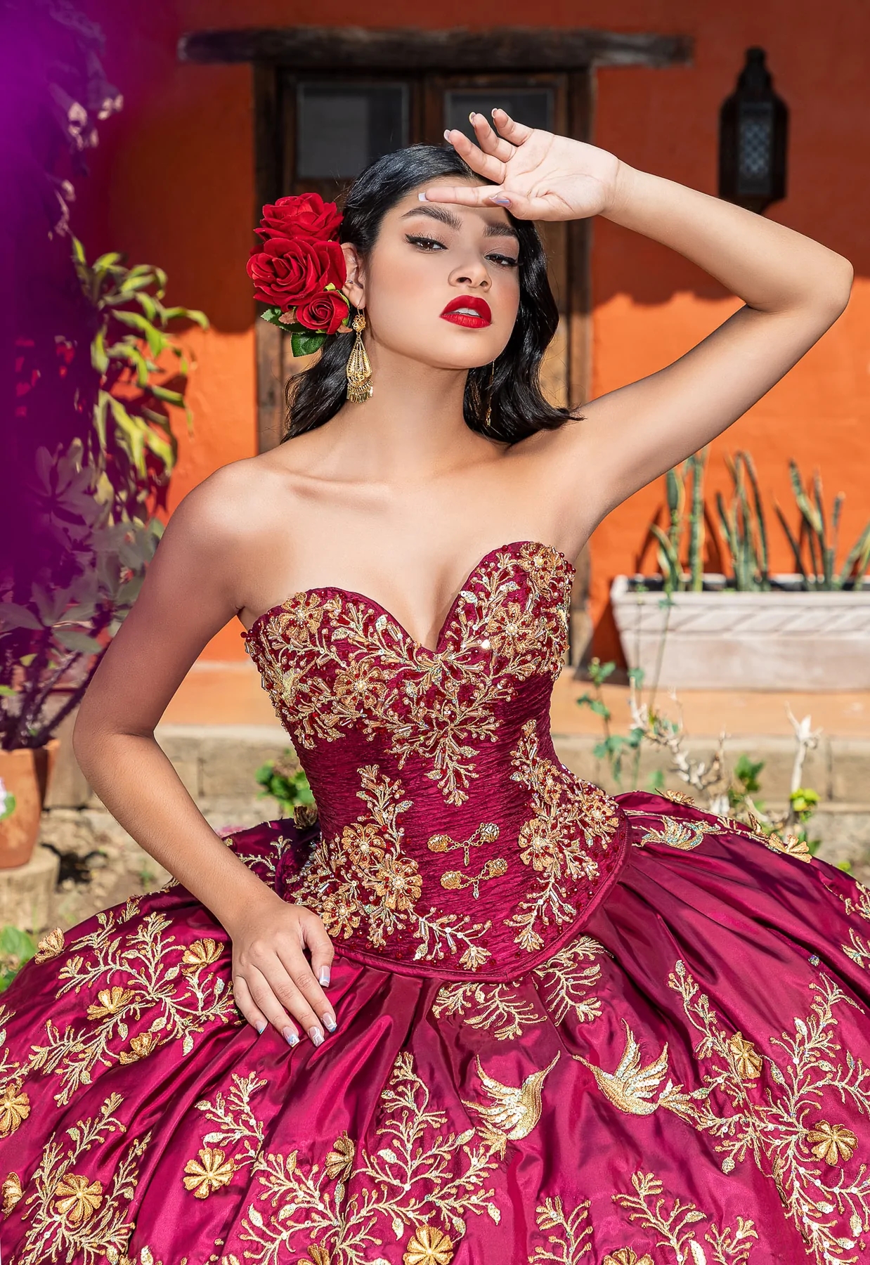 Burgundy Mexican Quinceanera Dresses Ball Gown Sweetheart Organza Appliques Tiered Puffy Charro Sweet 16 Dresses 15 Anos