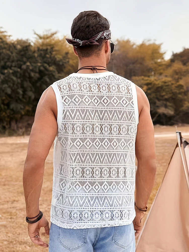 Summer Sexy See Through Tank Tops For Men Casual Breathable O Neck Sleeveless Camisole Fashion Hollow Out Crochet Mens Vest 240530