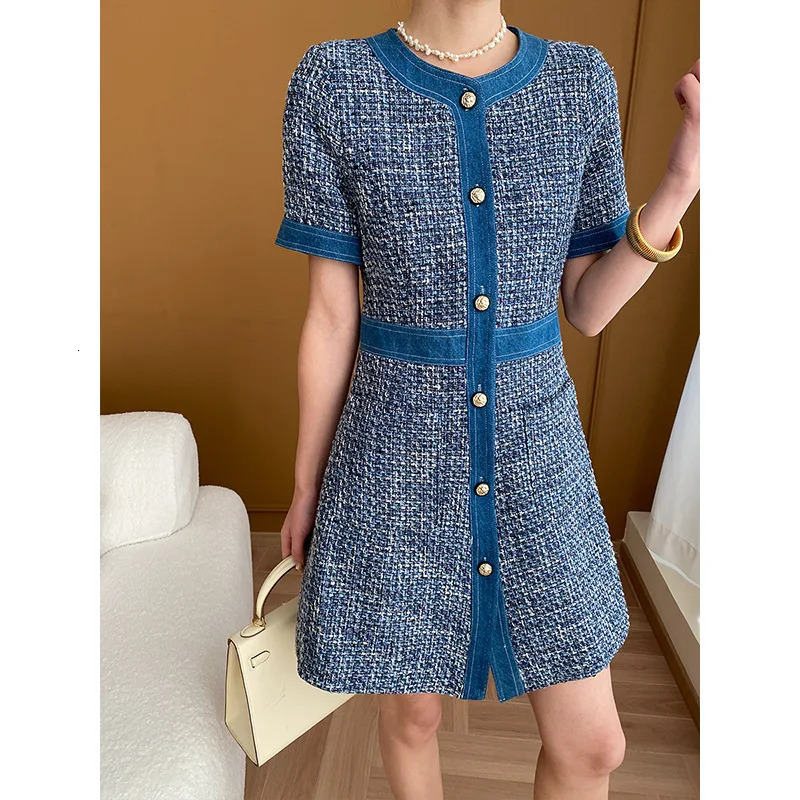 Spring Womens Dresses Celebrity Senior Denim Tweed Dress Round Neck Short-sleeved Single-breasted Waisted Mini Dresses 240529