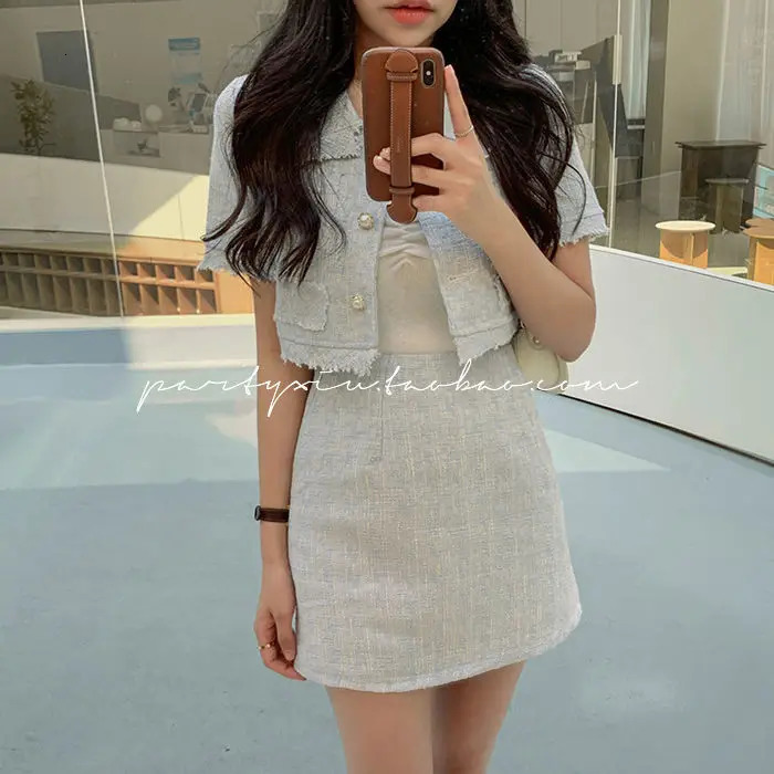 Cropped Tweed Jacket 2 Piece Sets, Women's Summer Tassels Coat Short Sleeve Crop Tops Bodycon Blazers Suits Skirts 2024 B2