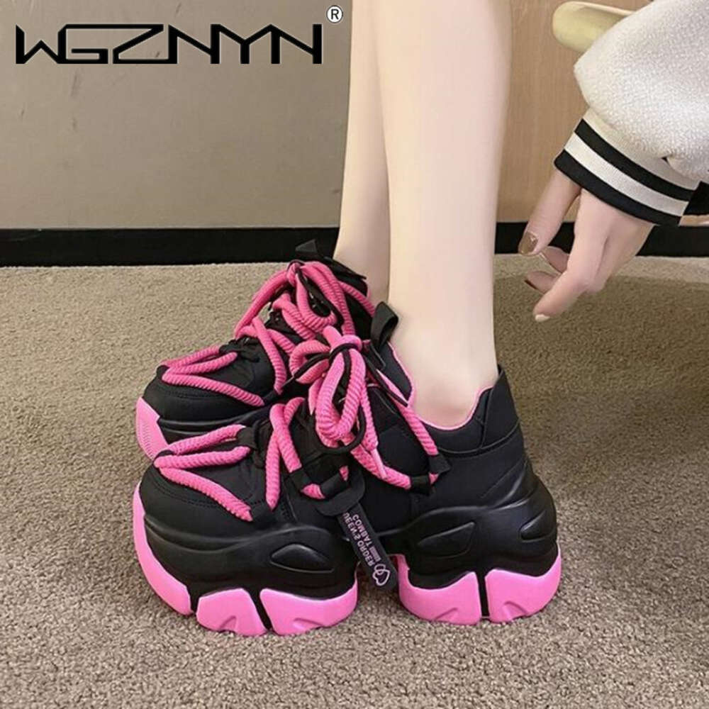 Women High Platform 2024 New Autumn Breathable Chunky Dad Casual Shoes 7.5CM Thick Sole Trainers Leather Sneakers Woman
