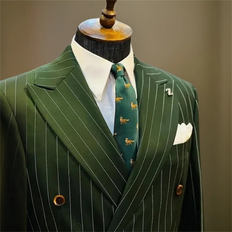 Stripe Double Breasted Men Suits for Wedding Groom Tuxedo Slim Fit Custom Made Pinstriped Male Suit 2 Pcs JacketPants 2024 240528