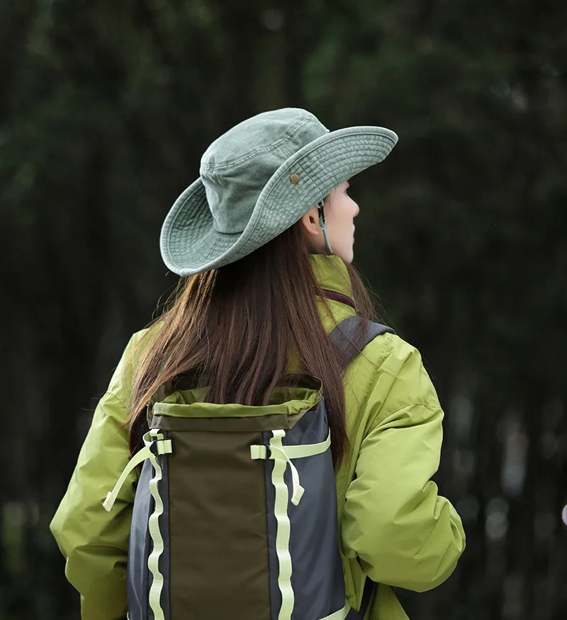 Retro Women Bucket Hat Letter Embroidery Cotton Wash Western Cowgirl Hat Breathable Foldable Outdoor Hiking Large Brim Sun Hat 240601