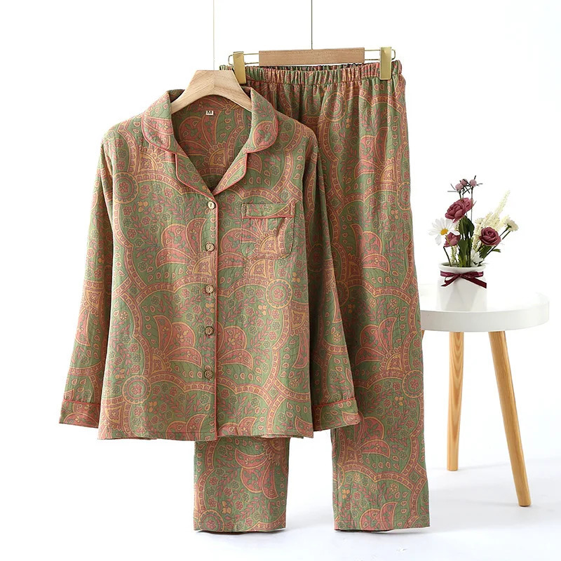 Ethnic Style Print Pajamas For Women 2 Pieces Outfit Loungewear Night Clothes Spring Autumn Long Sleeve Sleepwear Womens Cotton 240524