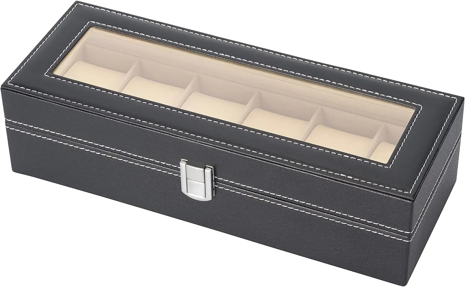 6 Slot PU Leather Watch Box Display Case Jewelry Organizer with Glass Top 240531