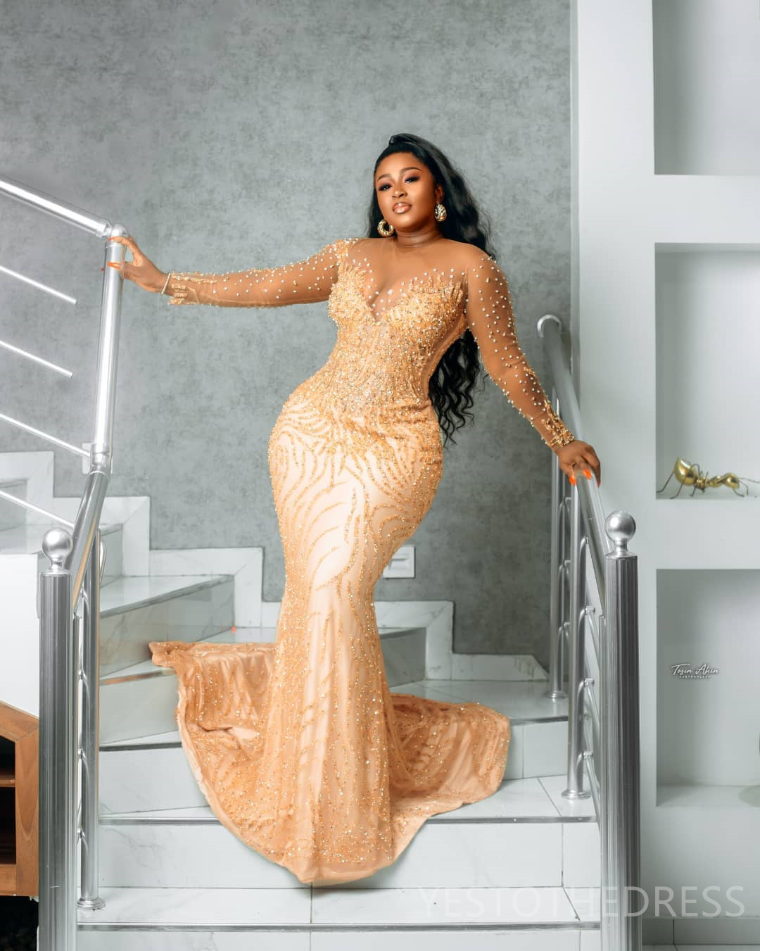 2024 Gold Plus Size Prom Dresses for Special Occasions Promdress Long Sleeves Mermaid Beaded Crystals Rhinestone Decorated Lace Gala Second Reception 