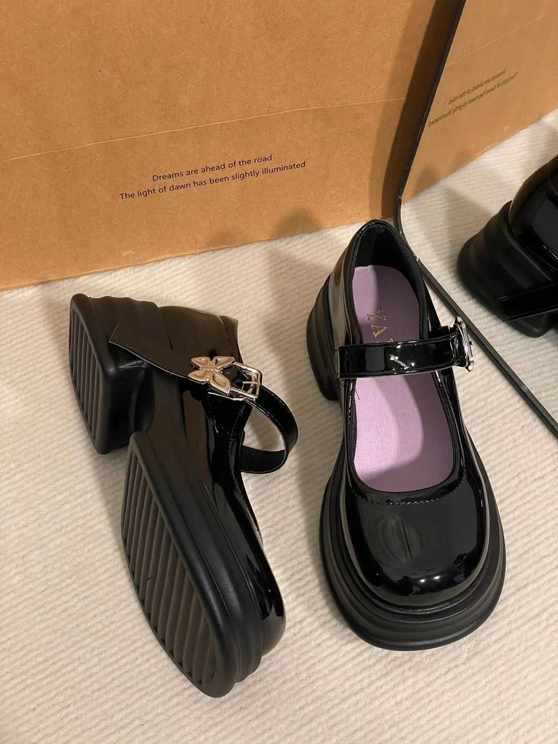 high heels style and British thick soles Mary Jane women's summer new round toe French small leather shoes free of postage for children Lhshoe