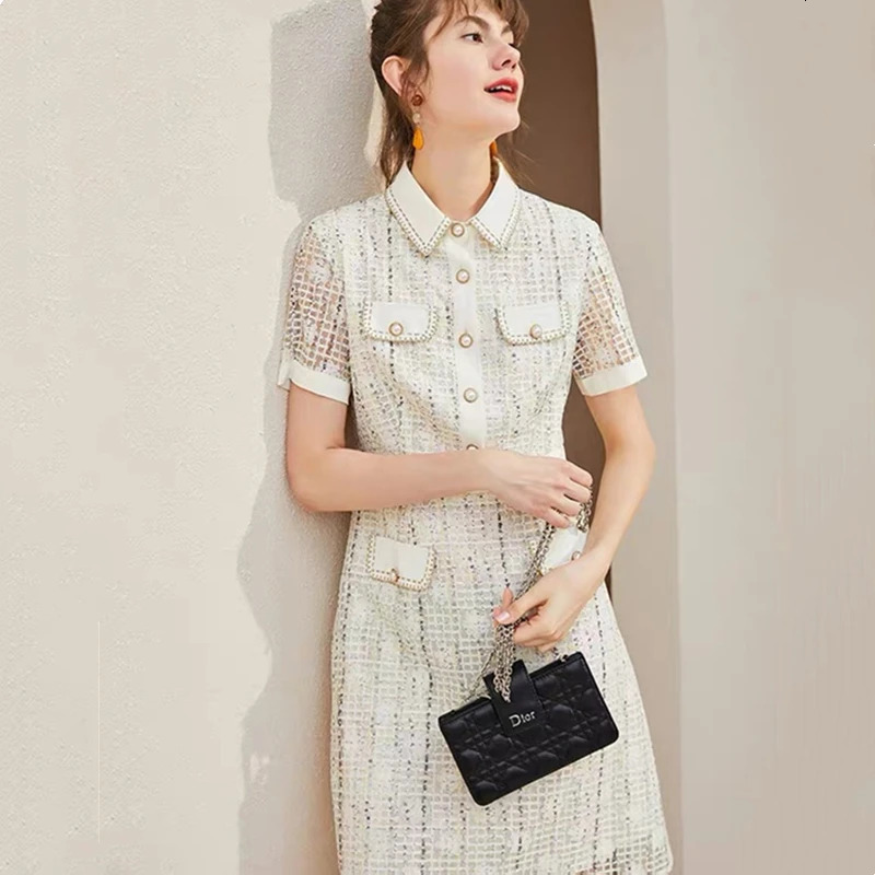 Summer Korean High-end Plaid Tweed Dress Women Turn-down Collar Midi Dress Vintage Elegant Office Short Sleeve Lace Party Dress 240529
