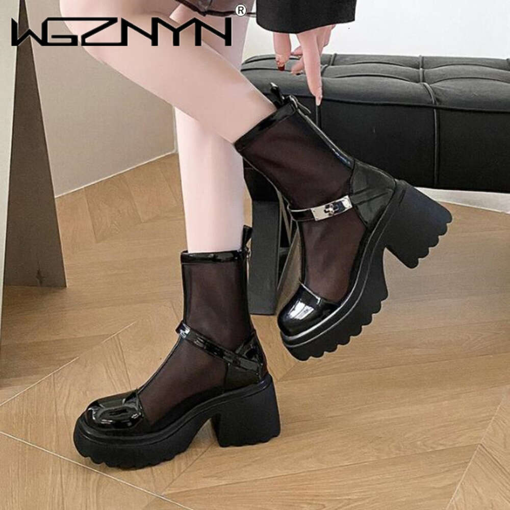 Square Toe Chunky Mesh Women Cool Boots Summer New Designer Platfrom High Heels Sandals Pumps Ladies Shoes Zapatos