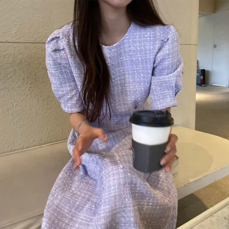 Elegant O Neck Puff Short Sleeve Purple Plaid Dress Women Maxi Fashion Korean White Tweed Robe Vestidos Long Fall 240529