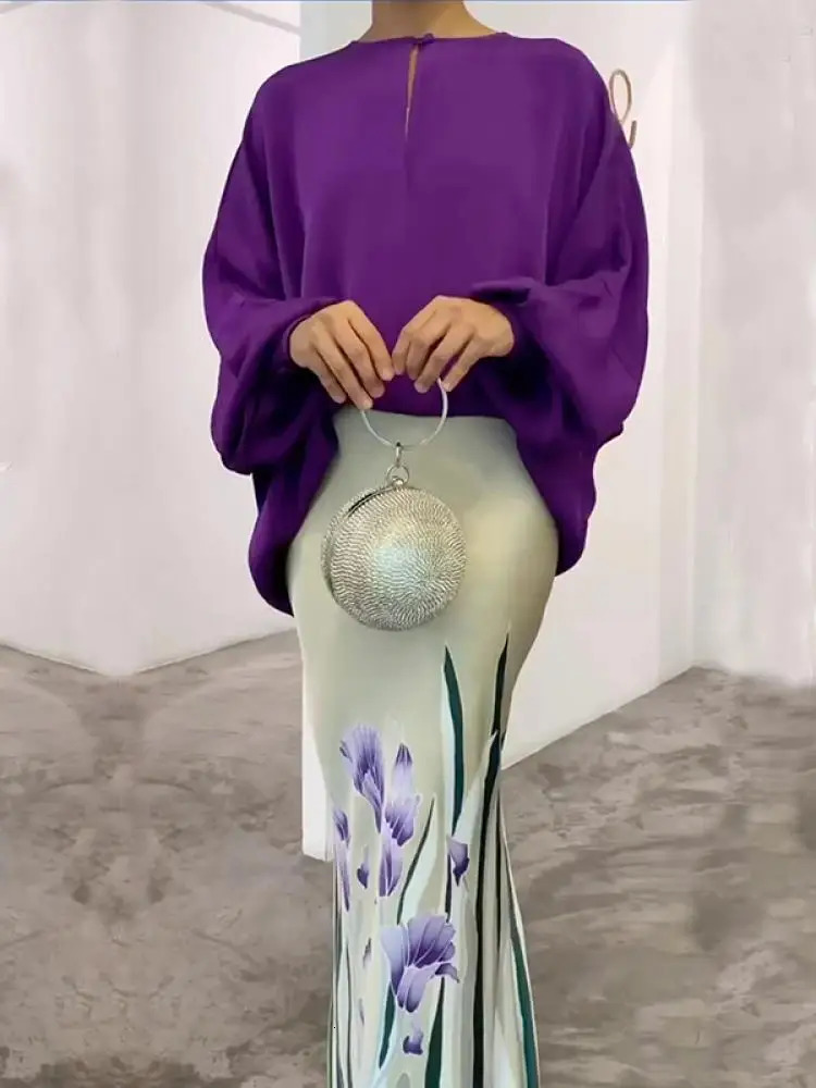 Missuoo Purple Polyester Shirt Top for Women Round Neck Long Puff Sleeves Loose Fit Blouse Female Spring Summer Elegant Tshirt 240527