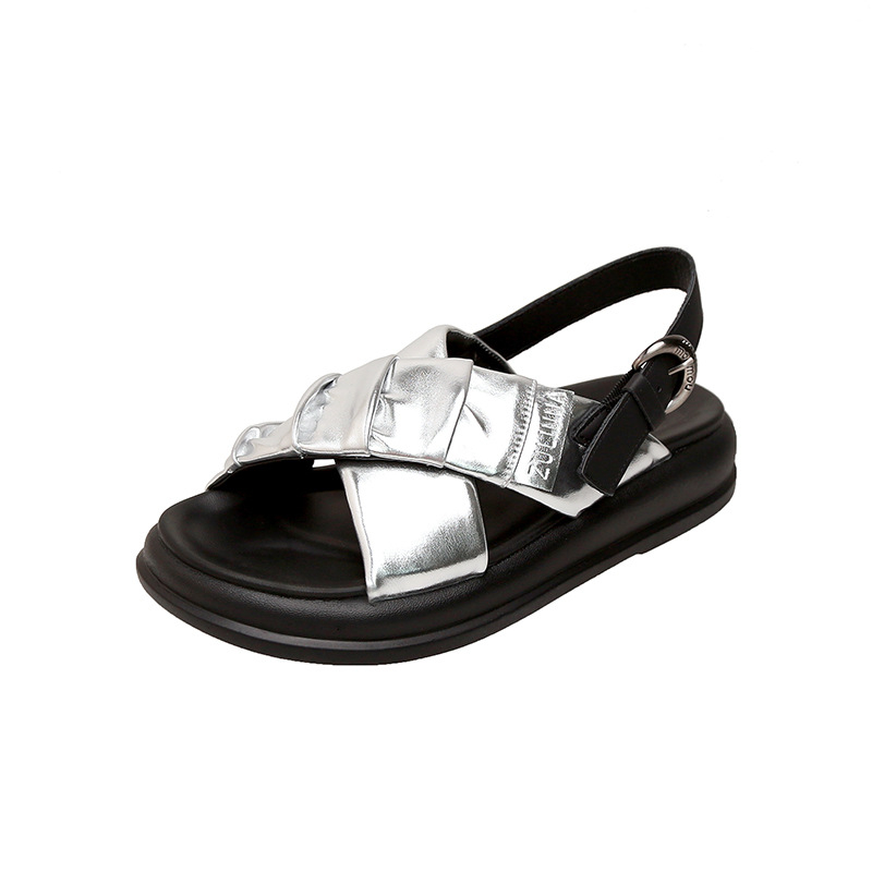 and Lightweight Summer 2024 New Comfortable Soft Leather Pleated Beach Shoes with Crossed Thick Sole Roman Sandals for Women's Outwear Lhshoe Sal