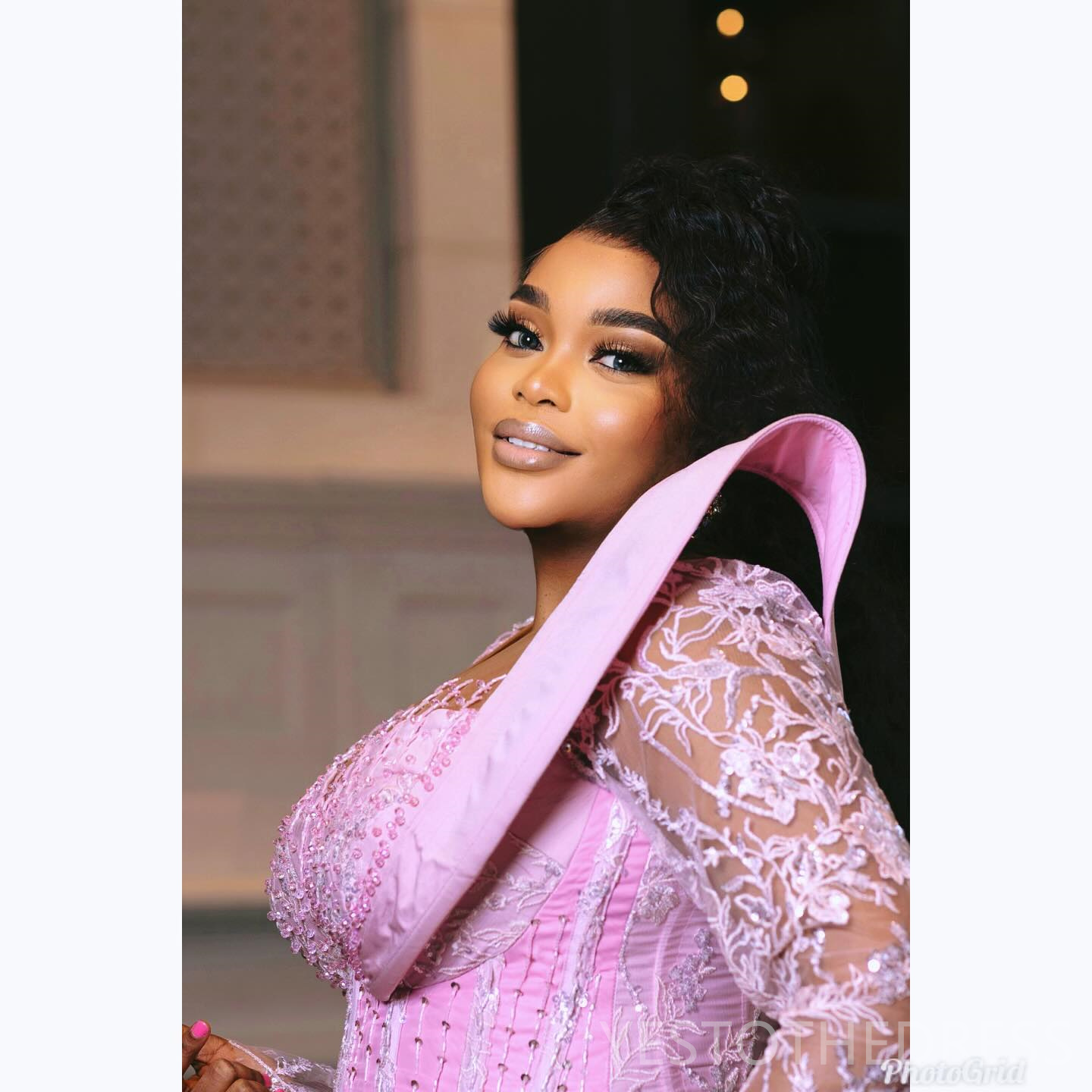 2024 Pink Plus Size Aso Ebi Prom Dresses for Special Occasions Long Promdress Sheer Neck Long Sleeves Beaded Lace Birthday Dresses Second Reception Go
