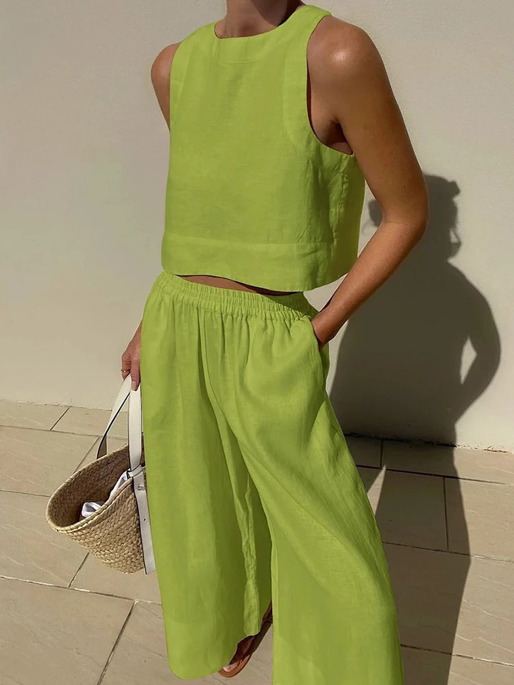 Casual Summer Two Piece Set Women Outfit 2023 White Solid Loose Tank Crop Top Wide Leg Pants Suits Chic and Elegant Woman Sets 240529