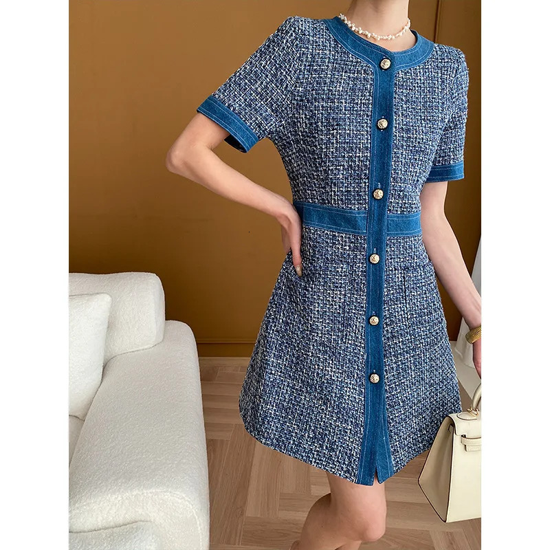 Spring Womens Dresses Celebrity Senior Denim Tweed Dress Round Neck Short-sleeved Single-breasted Waisted Mini Dresses 240529