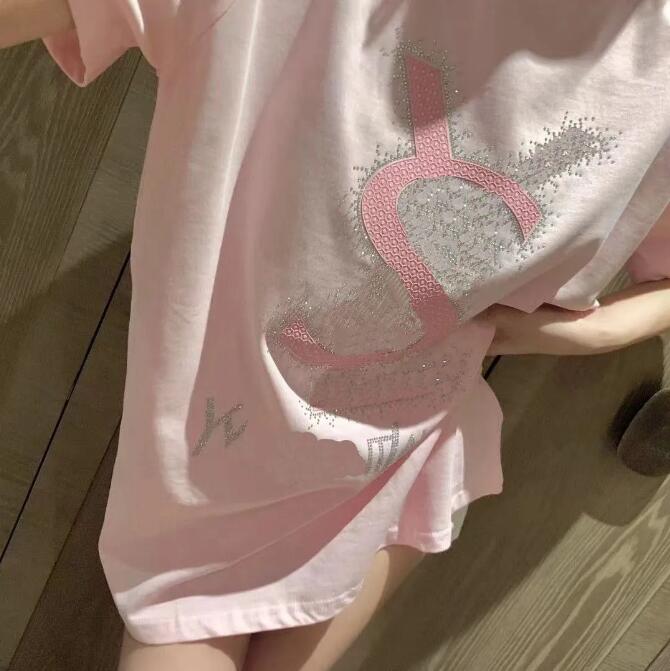 Women's T-Shirt New 2024 summer short-slved heavy industry camellia hot drilling loose version of the long T-shirt cotton fashion Joker H25215