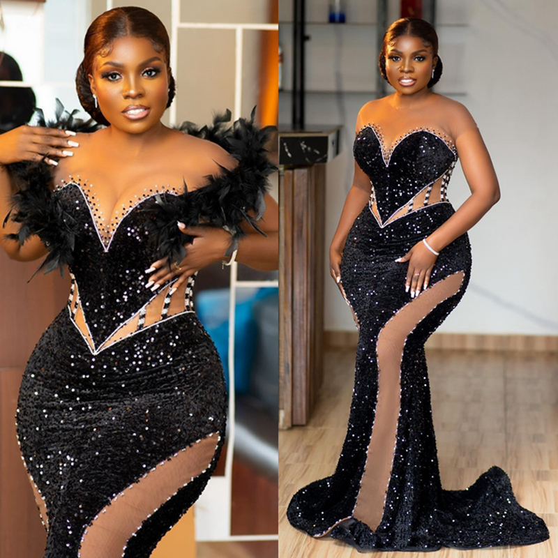 2024 Plus Size Aso Ebi Prom Dresses for Black Women With Detachable Wrap Illusion Sheer Neck Short Sleeves Sequined Velvet Lace Birthday Gowns Recepti