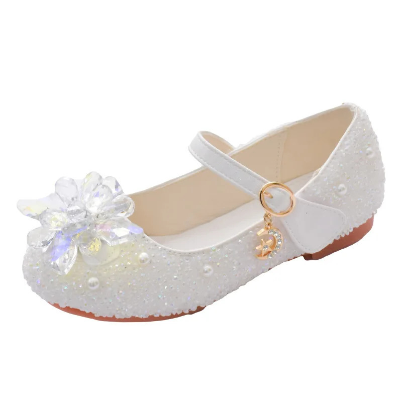 Girls leather shoes princess shoes childrens shoes with round toes and soft soles big girls with flat heels princess crystal shoes party shoes 240516