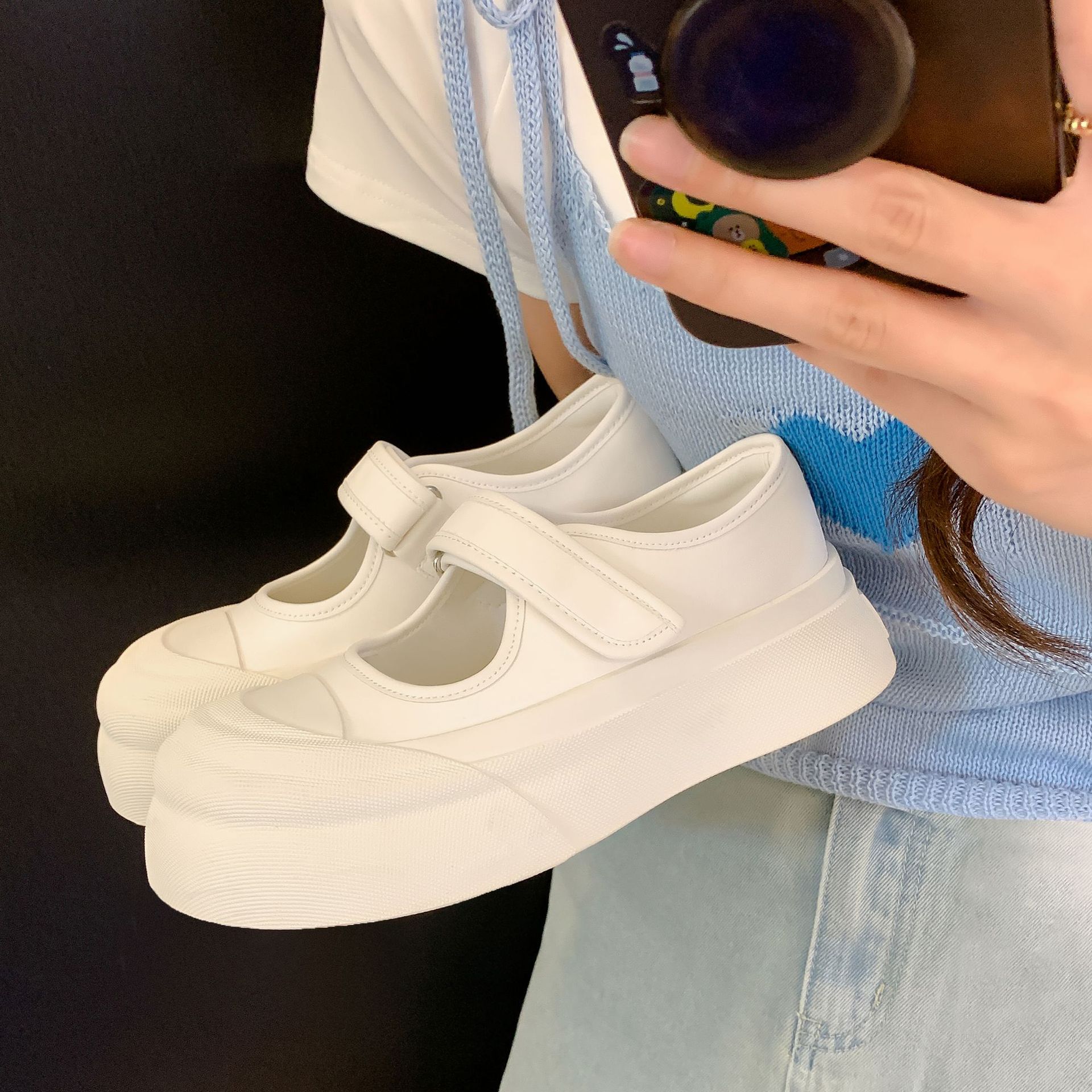 Mary Big Head Jane Velcro Women's 2024 Spring/Summer New Thick Sole Small White Breathable Casual Free Shipping Shoes Lhshoe