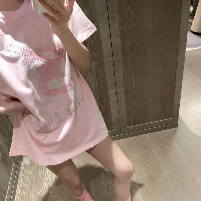 Women's T-Shirt New 2024 summer short-slved heavy industry camellia hot drilling loose version of the long T-shirt cotton fashion Joker H25215