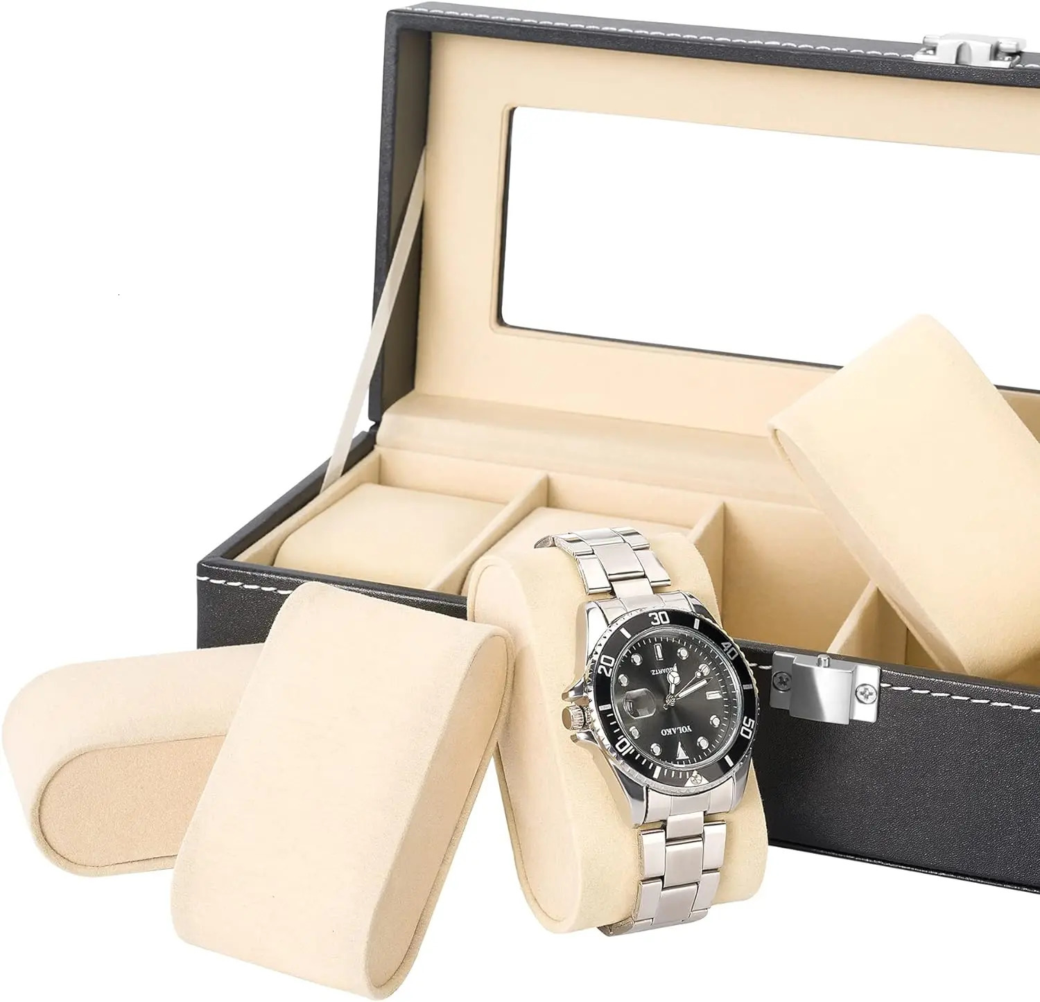 6 Slot PU Leather Watch Box Display Case Jewelry Organizer with Glass Top 240531