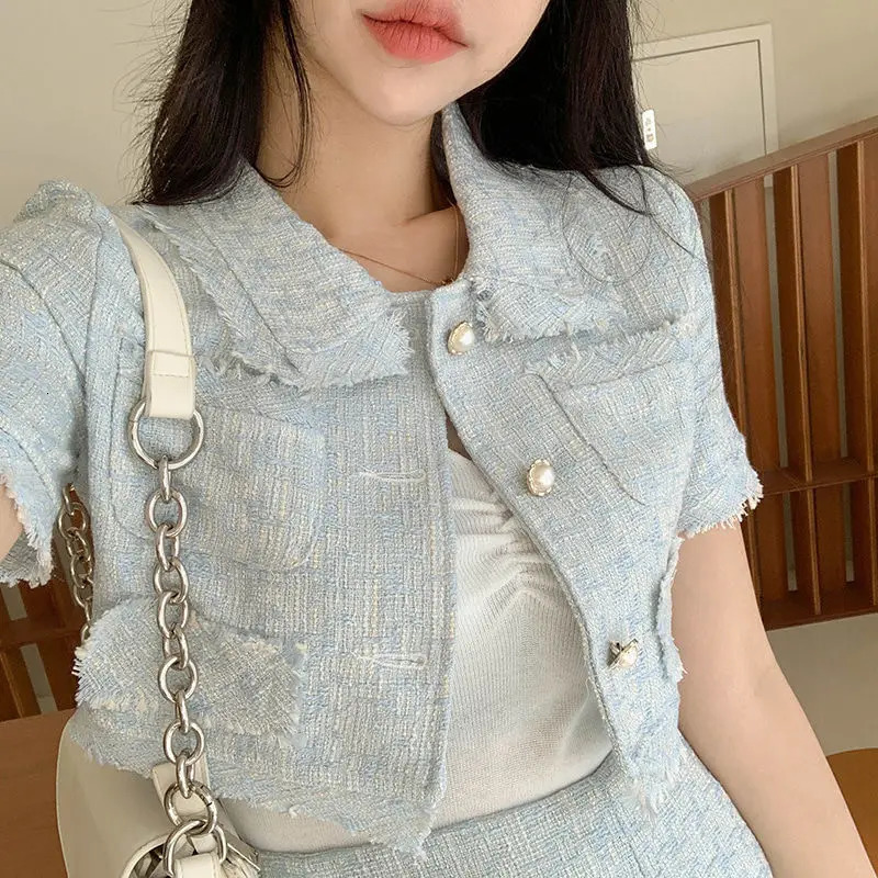 Cropped Tweed Jacket 2 Piece Sets, Women's Summer Tassels Coat Short Sleeve Crop Tops Bodycon Blazers Suits Skirts 2024 B2