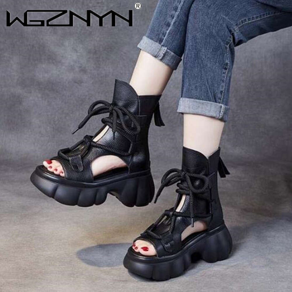 Designer Genuine Leather Boots Chimney Sandals Hollow Ankle Booties Women Peep Toe Moccasins Fashion 2024 Summer Motorcycle Shoe