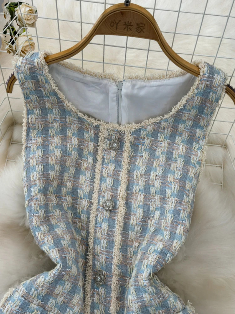 OCEANLOVE Tweed Women Dresses Spring Summer Korean Fashion Vestidos Mujer Plaid Elegant Contrast Color Sleeveless Mini Dress 240529