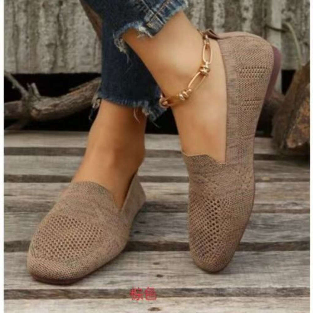 Mesh Knitted Striped Flats for Women Autumn New Light Slip on Flat Casual Shoes Ladies Square Toe Breathable Sneakers
