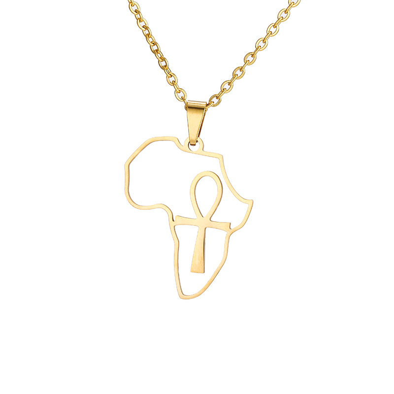 10PCS Africa Map with Anhe Egyptian Cross Necklace African Religious Amulet Pendant Ankh Crucifix Necklaces Stainless Steel Symbol of Life Cross Egypt
