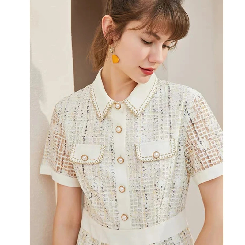 Summer Korean High-end Plaid Tweed Dress Women Turn-down Collar Midi Dress Vintage Elegant Office Short Sleeve Lace Party Dress 240529