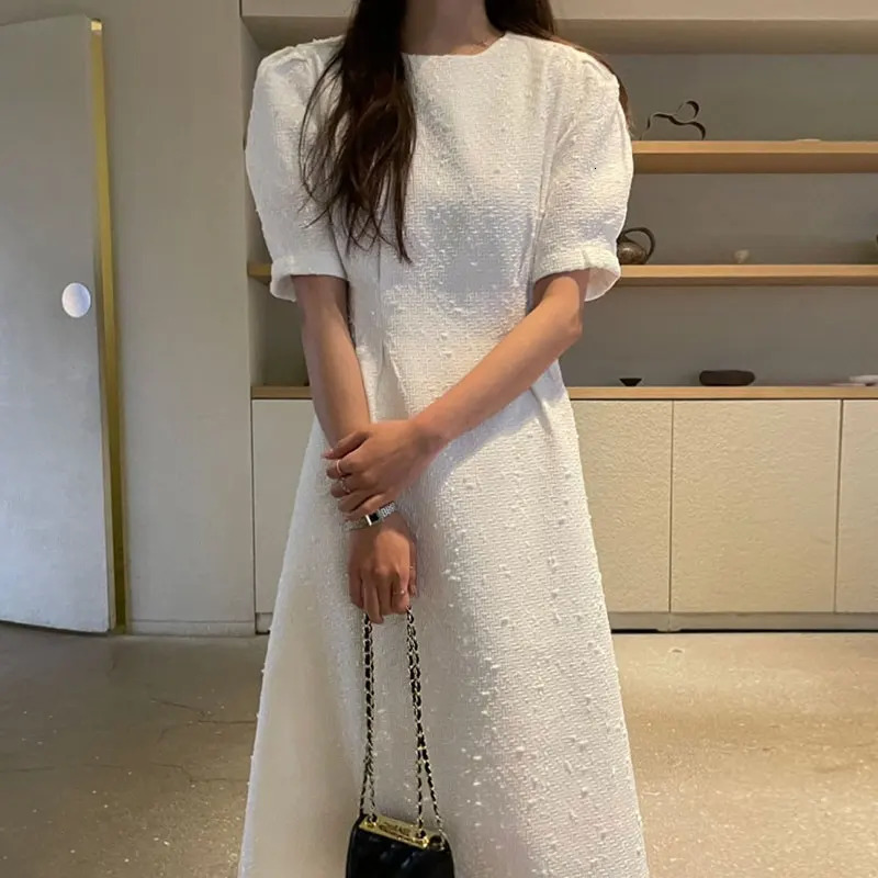 Elegant O Neck Puff Short Sleeve Purple Plaid Dress Women Maxi Fashion Korean White Tweed Robe Vestidos Long Fall 240529